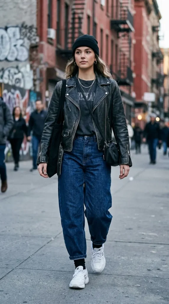 dark-wash-baggy-jeans-with-a-leather-jacket