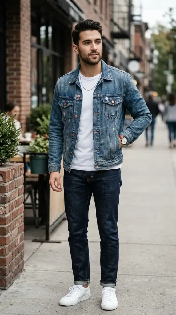denim-jacket-over-a-plain-crew-neck-tee