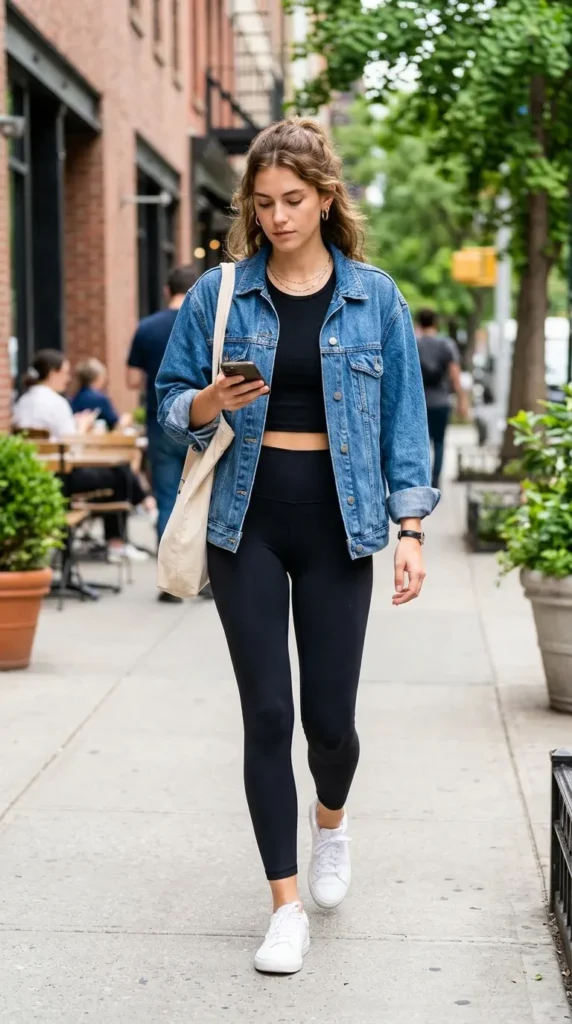 16 Cute Leggings Outfit Ideas for Easy Everyday Fashion Inspiration 4 denim-jacket-with-crop-top-and-high-waist-leggings