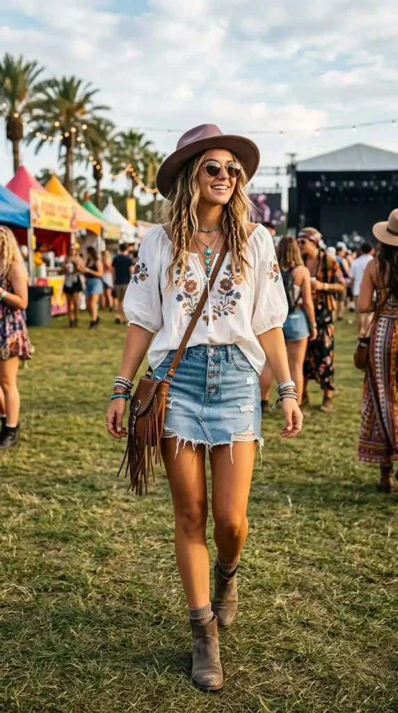 denim-micro-skirt-and-a-boho-peasant-blouse