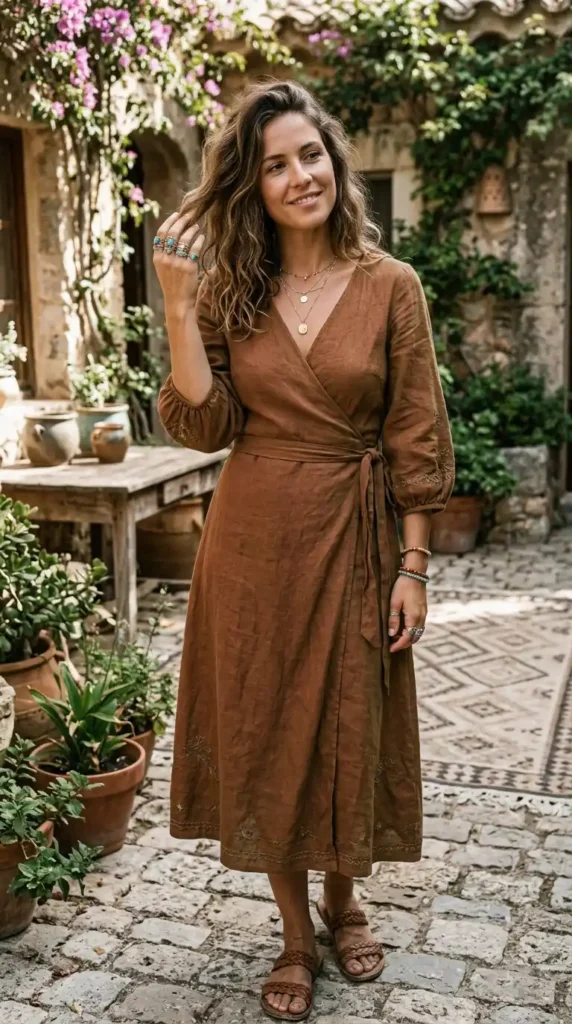 earthy-wrap-dress-and-stacked-rings