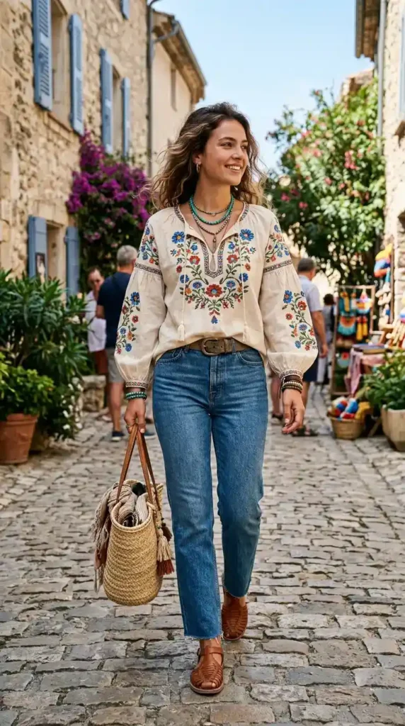 embroidered-blouse-and-straight-jeans