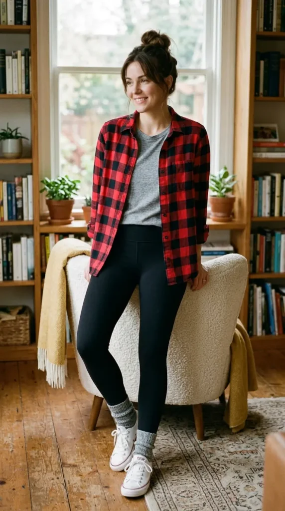 16 Cute Leggings Outfit Ideas for Easy Everyday Fashion Inspiration 15 flannel-shirt-with-black-leggings
