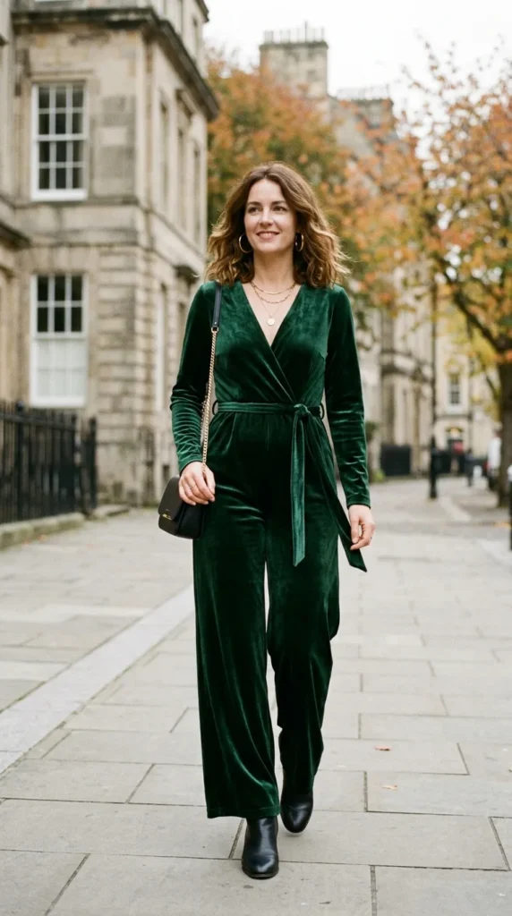 Green Jumpsuit Styles: 15+ Fashionable Ways to Wear It Confidently 5 forest-green-velvet-jumpsuit