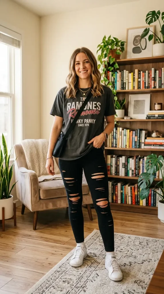 16 Cute Leggings Outfit Ideas for Easy Everyday Fashion Inspiration 10 graphic-tee-with-ripped-leggings