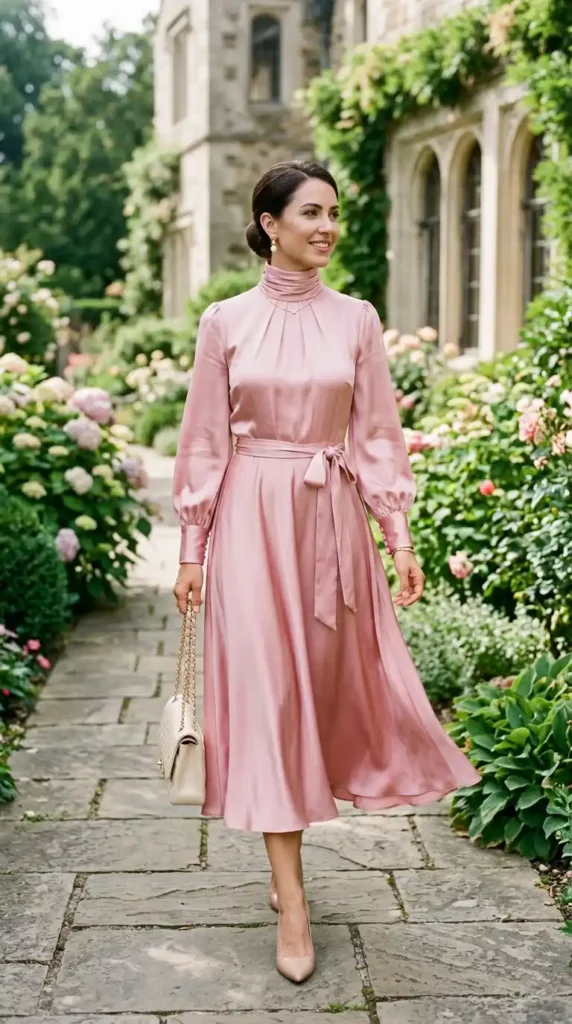 high-neck-pink-silk-dress