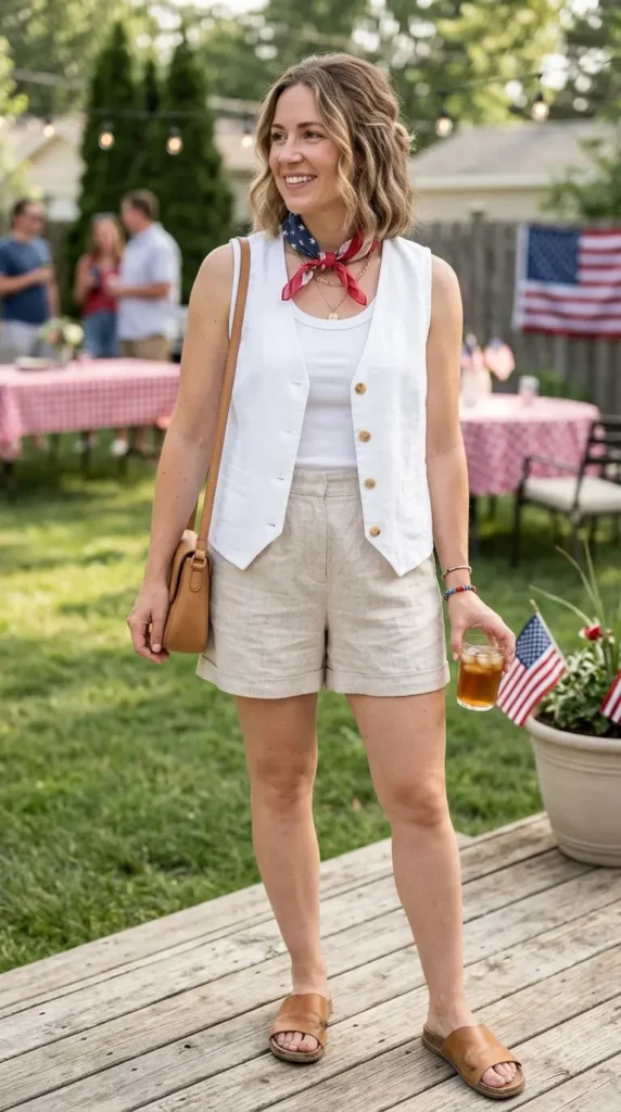 linen-shorts-and-button-vest-outfit
