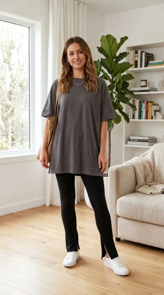 16 Cute Leggings Outfit Ideas for Easy Everyday Fashion Inspiration 3 longline-t-shirt-with-side-slit-leggings