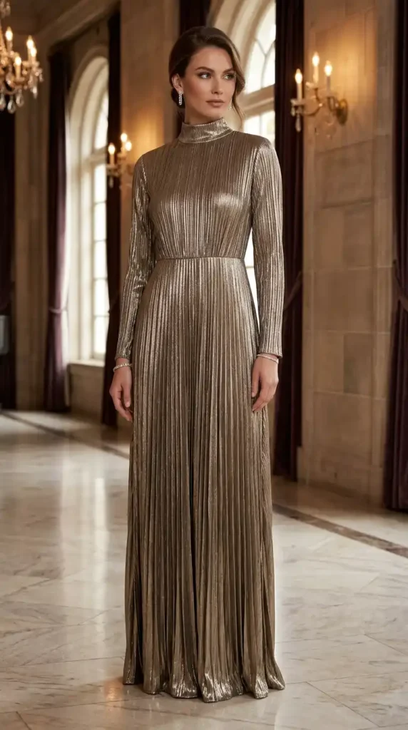 15 Trendy Glamour Dresses Ideas for a Chic & Modern Appearance 9 metallic-pleated-column-dress