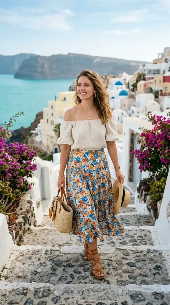 Vacation Outfit Ideas: 15 Stylish Looks for a Trendy Holiday Wardrobe 12 midi-skirt-with-off-shoulder-top
