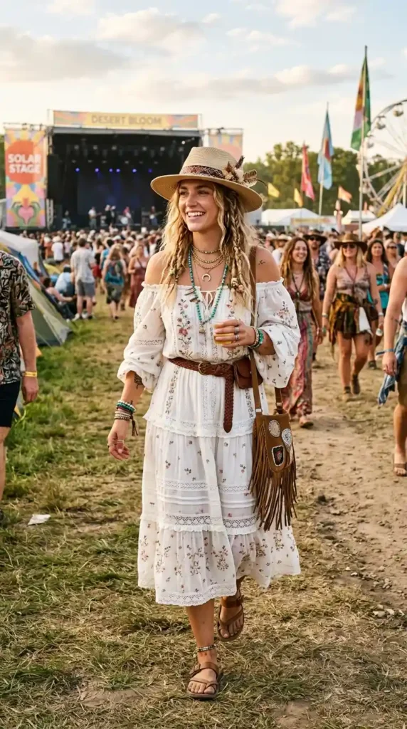 off-the-shoulder-boho-dress-with-a-hat-and-layered-necklaces