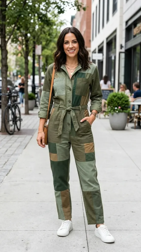 Green Jumpsuit Styles: 15+ Fashionable Ways to Wear It Confidently 16 olive-green-patchwork-jumpsuit