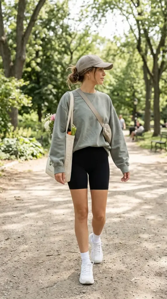 16 Cute Leggings Outfit Ideas for Easy Everyday Fashion Inspiration 16 oversized-sweatshirt-with-bike-shorts-leggings