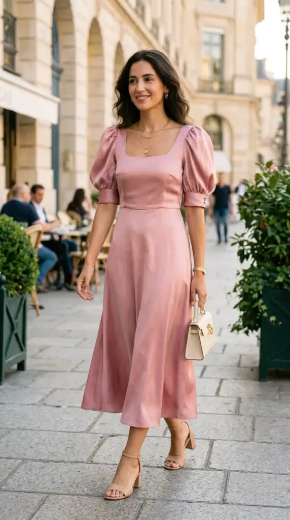 pink-silk-midi-dress-with-puff-sleeves