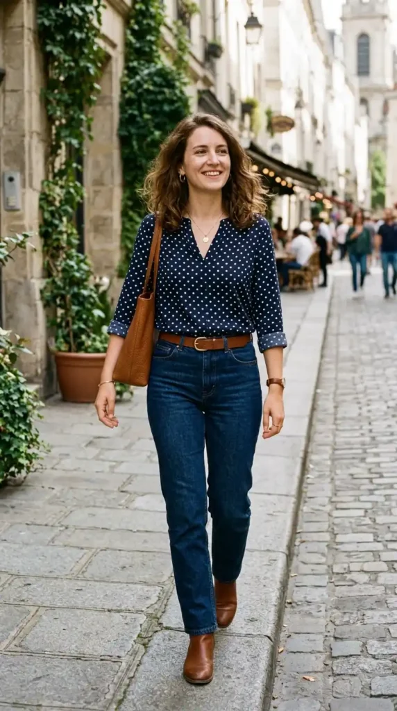 polka-dot-blouse-and-dark-denim