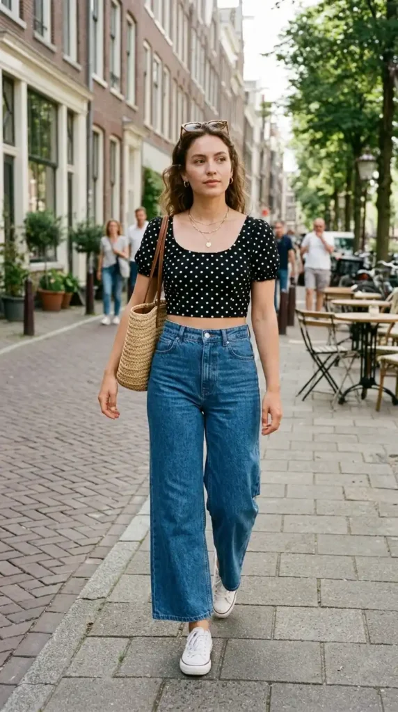 polka-dot-crop-top-and-high-waist-wide-leg-jeans