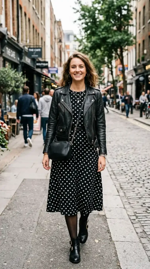 polka-dot-dress-and-a-leather-jacket
