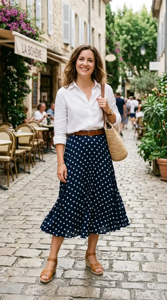 polka-dot-midi-skirt-and-a-white-shirt