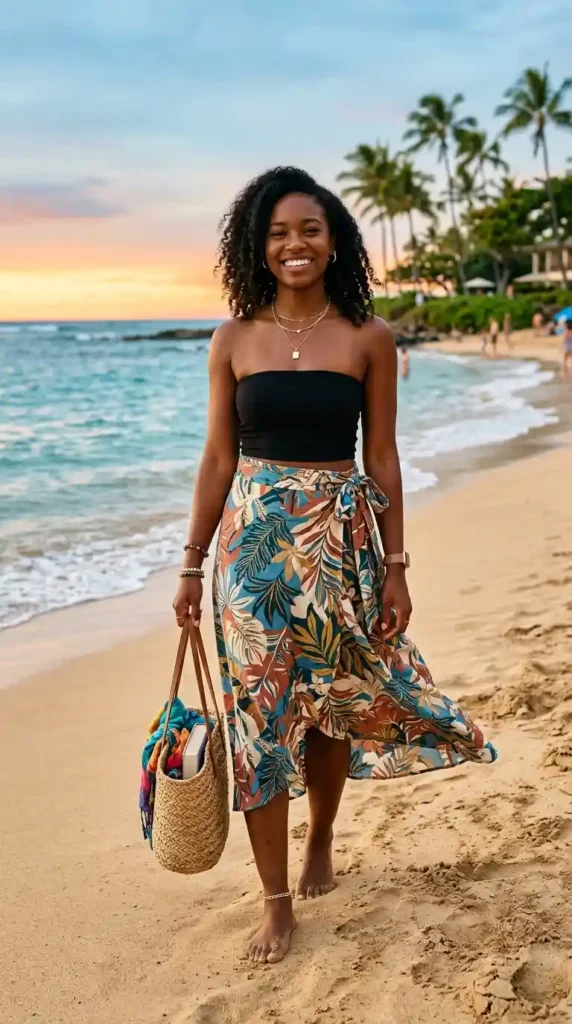 Vacation Outfit Ideas: 15 Stylish Looks for a Trendy Holiday Wardrobe 7 printed-wrap-skirt-with-tube-top
