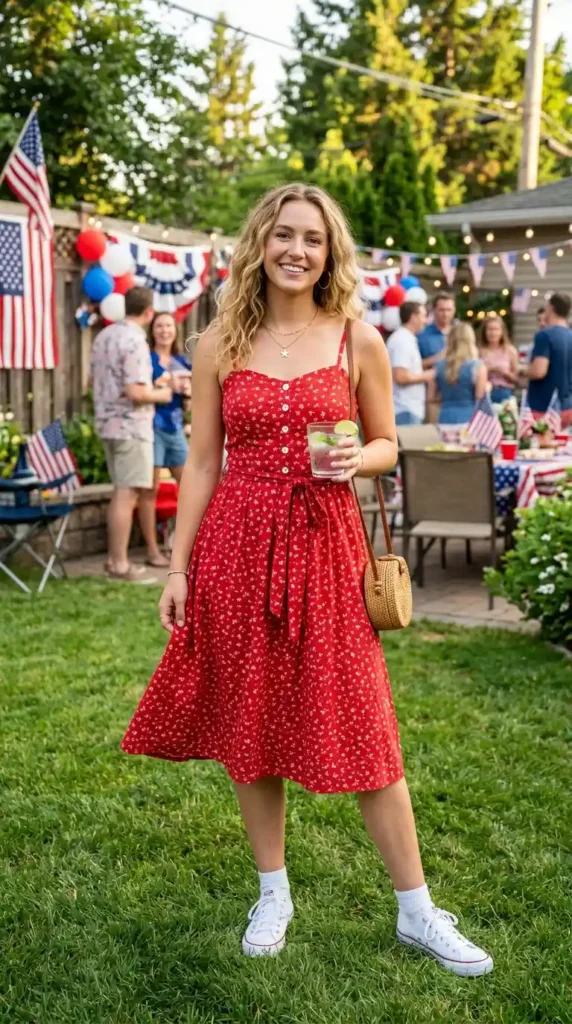 red-sundress-with-white-sneakers
