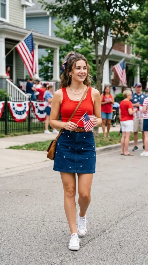 17 Amazing 4th of July Outfit Ideas to Show Your Patriotic Spirit 12 red-tank-top-and-blue-skirt