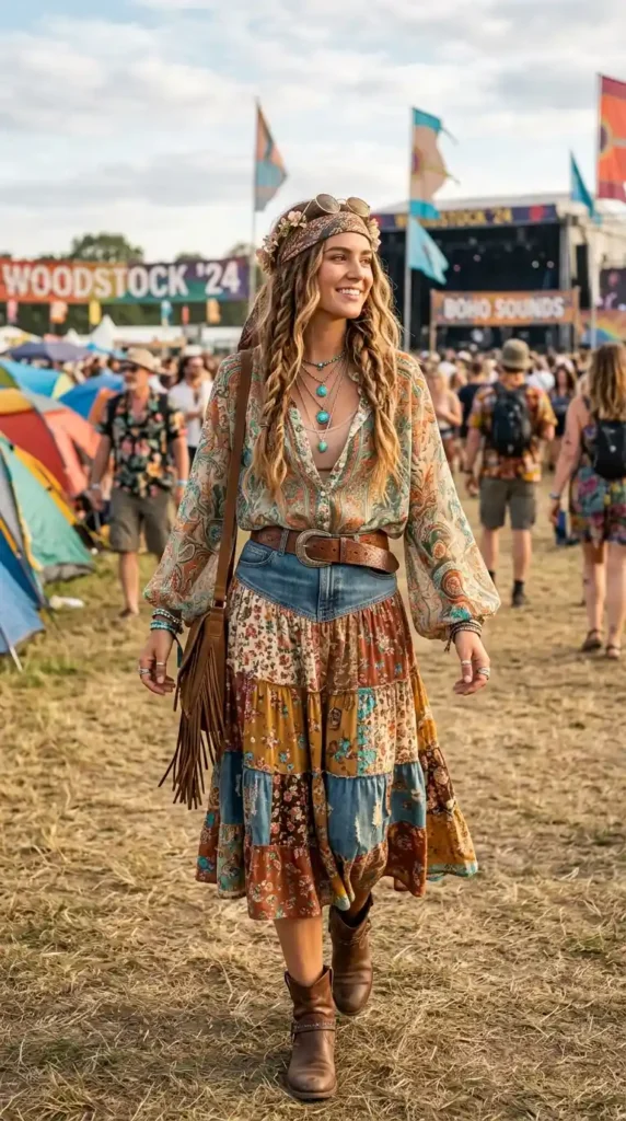 sheer-printed-blouse-tucked-into-a-boho-midi-skirt