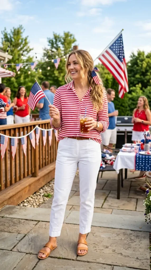 17 Amazing 4th of July Outfit Ideas to Show Your Patriotic Spirit 6 striped-shirt-with-white-pants