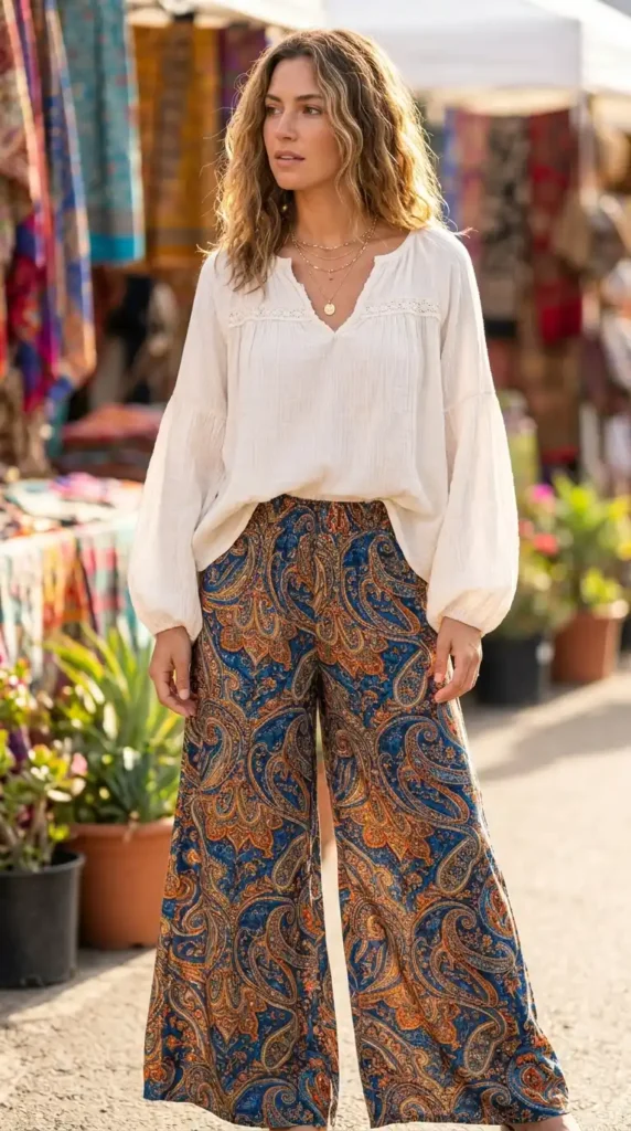 How to Wear Boho Blouses Outfits Like a Modern Bohemian Queen 13 style-with-printed-palazzo-pants