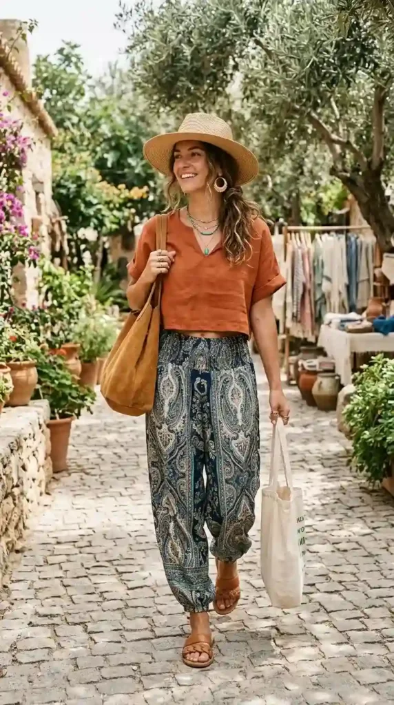 15 Hippie Chic Outfits That Look Expensive But Feel Like Freedom 9
the-burnt-orange-crop-top-and-printed-harem-pants