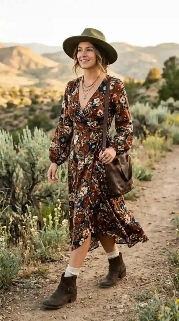 15 Hippie Chic Outfits That Look Expensive But Feel Like Freedom 6 the-floral-wrap-dress-and-ankle-boots