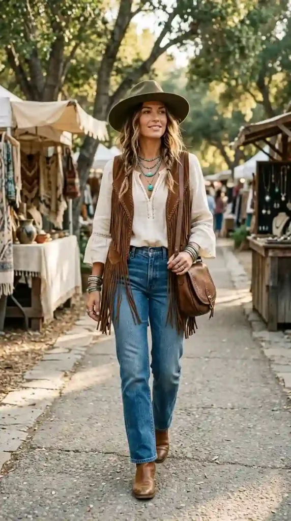 15 Hippie Chic Outfits That Look Expensive But Feel Like Freedom 12 the-fringe-vest-and-straight-leg-jeans