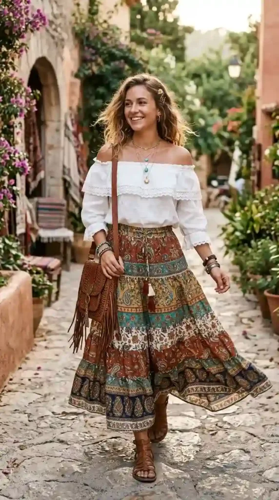 15 Hippie Chic Outfits That Look Expensive But Feel Like Freedom 14 the-off-shoulder-blouse-and-patterned-maxi-skirt