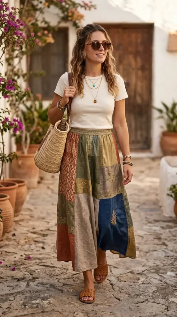 15 Hippie Chic Outfits That Look Expensive But Feel Like Freedom 5 the-patchwork-maxi-skirt-and-simple-fitted-tee