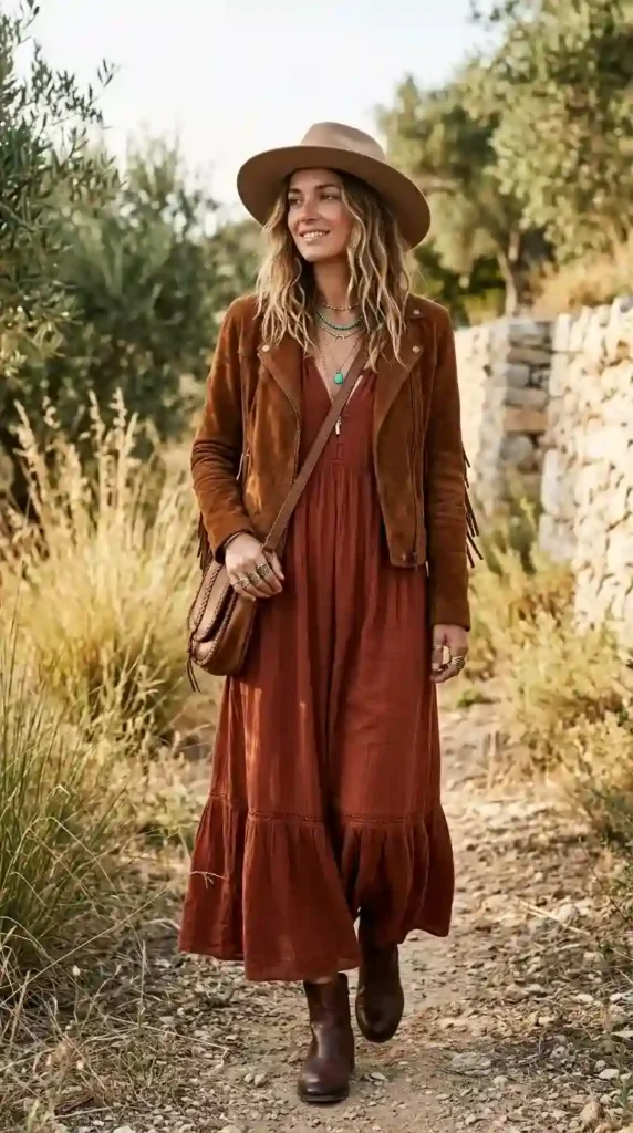 15 Hippie Chic Outfits That Look Expensive But Feel Like Freedom 3 the-rust-maxi-dress-and-suede-jacket