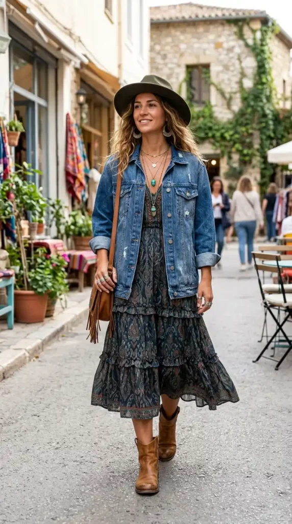 15 Hippie Chic Outfits That Look Expensive But Feel Like Freedom 13 the-tiered-boho-dress-and-denim-jacket