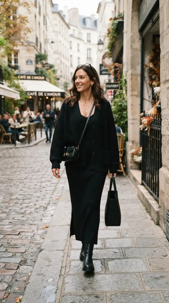 16 All Black Outfits That Look Chic, Classy, and Effortlessly Stylish 10 black-cardigan-with-ribbed-maxi-dress