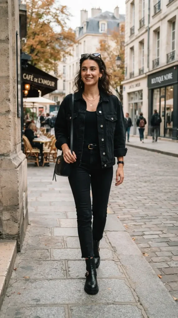 16 All Black Outfits That Look Chic, Classy, and Effortlessly Stylish 8 black-denim-jacket-with-black-jeans