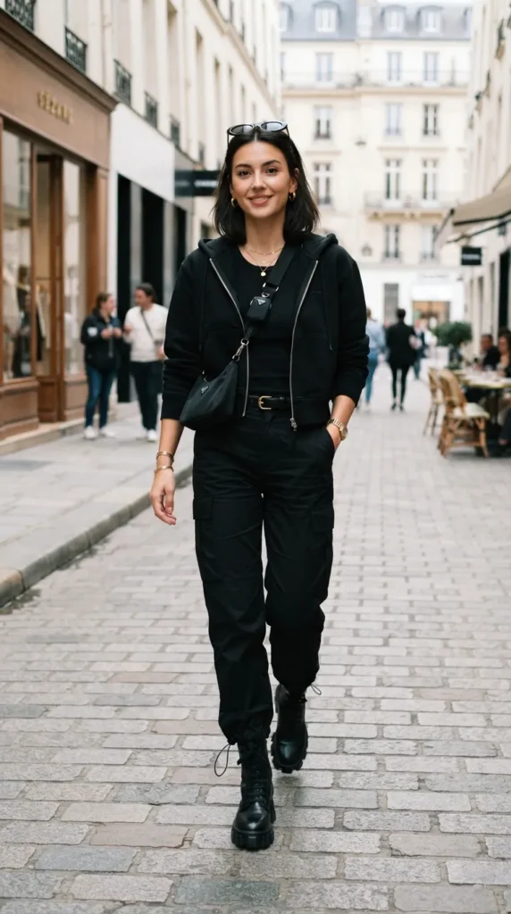 16 All Black Outfits That Look Chic, Classy, and Effortlessly Stylish 11 black-hoodie-with-cargo-pants