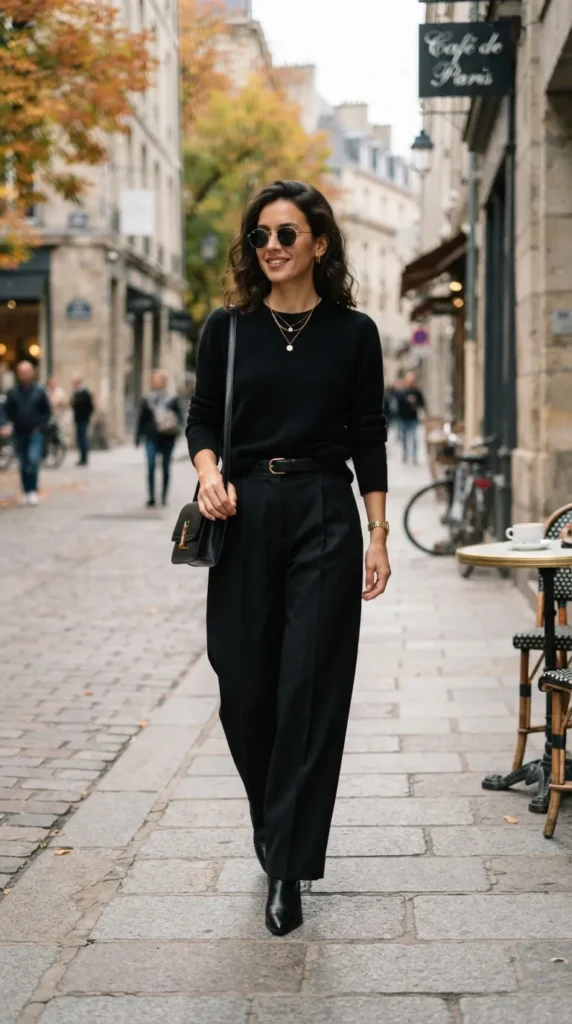 16 All Black Outfits That Look Chic, Classy, and Effortlessly Stylish 3 black-knit-sweater-with-wide-leg-pants