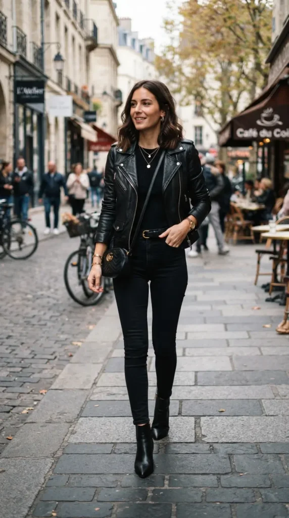 16 All Black Outfits That Look Chic, Classy, and Effortlessly Stylish 4 black-leather-jacket-with-skinny-jeans