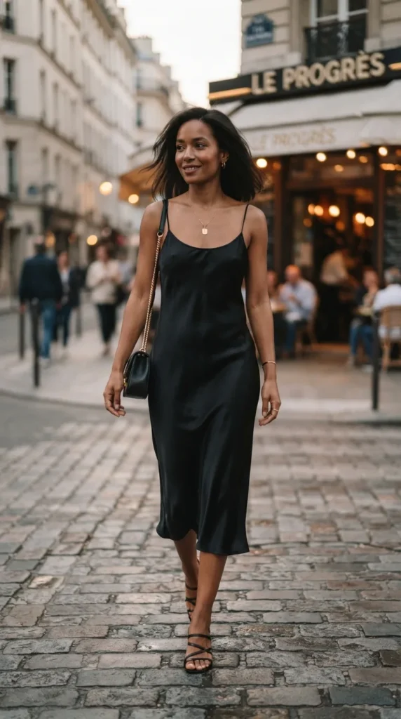 16 All Black Outfits That Look Chic, Classy, and Effortlessly Stylish 5 black-satin-slip-dress-with-minimal-accessories