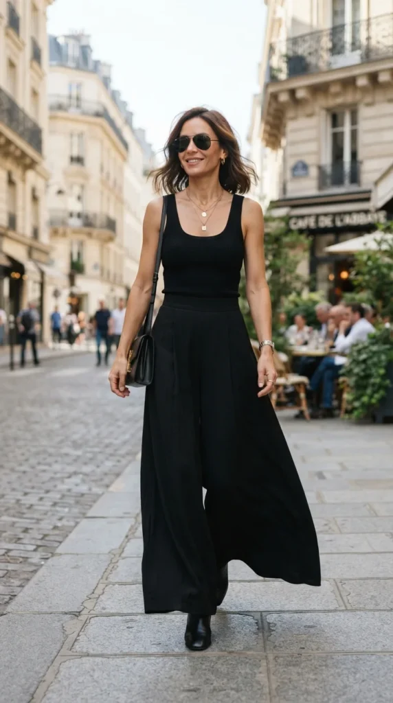 16 All Black Outfits That Look Chic, Classy, and Effortlessly Stylish 14 black-tank-top-with-flowy-palazzo-pants