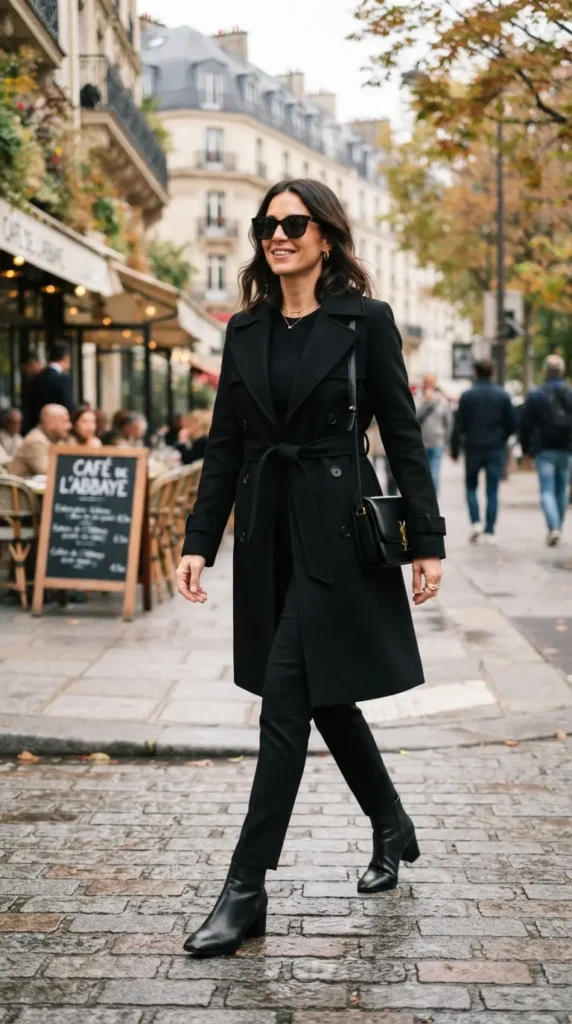 16 All Black Outfits That Look Chic, Classy, and Effortlessly Stylish 13 black-trench-coat-with-slim-pants