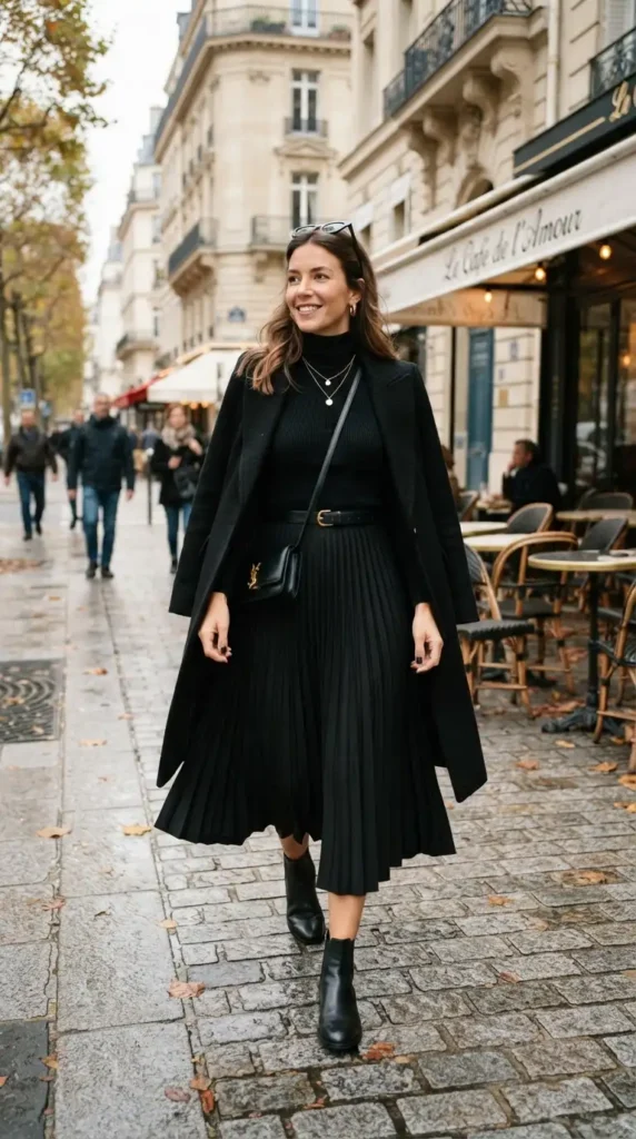 16 All Black Outfits That Look Chic, Classy, and Effortlessly Stylish 7 black-turtleneck-with-pleated-midi-skirt