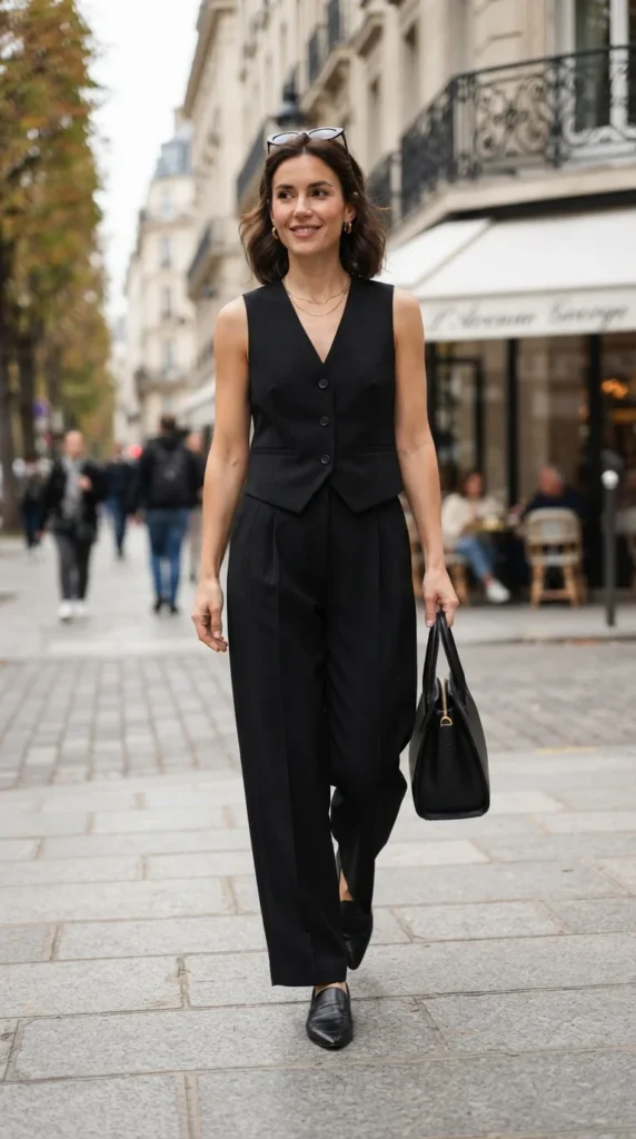 16 All Black Outfits That Look Chic, Classy, and Effortlessly Stylish 17 black-vest-with-relaxed-tailored-pants