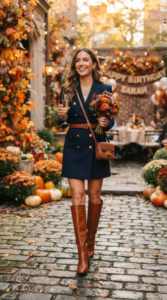 15 Fall Birthday Outfits for Chic and Memorable Autumn Celebrations 6 blazer-dress-with-tall-boots