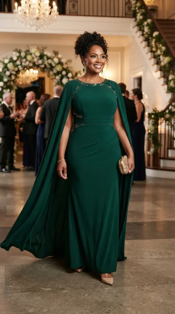 17 Stunning Plus Size Formal Outfits for Weddings and Events 14 cape-style-evening-dress