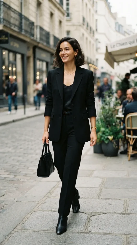 16 All Black Outfits That Look Chic, Classy, and Effortlessly Stylish 2 classic-black-blazer-with-straight-leg-trousers