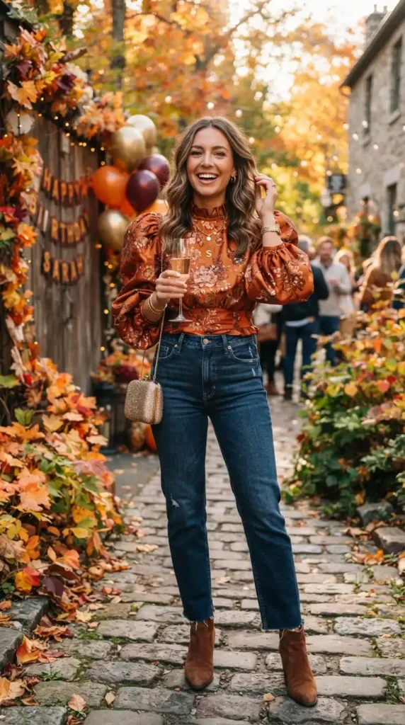 15 Fall Birthday Outfits for Chic and Memorable Autumn Celebrations 7 dark-wash-jeans-with-a-statement-blouse