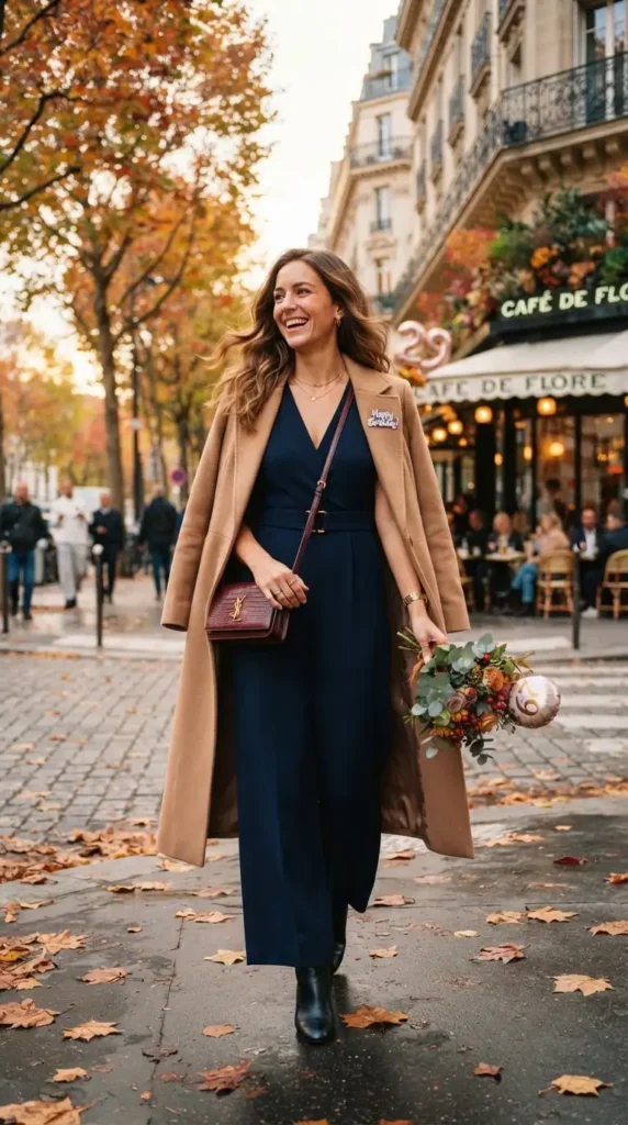 15 Fall Birthday Outfits for Chic and Memorable Autumn Celebrations 13 jumpsuit-with-a-long-wool-coat